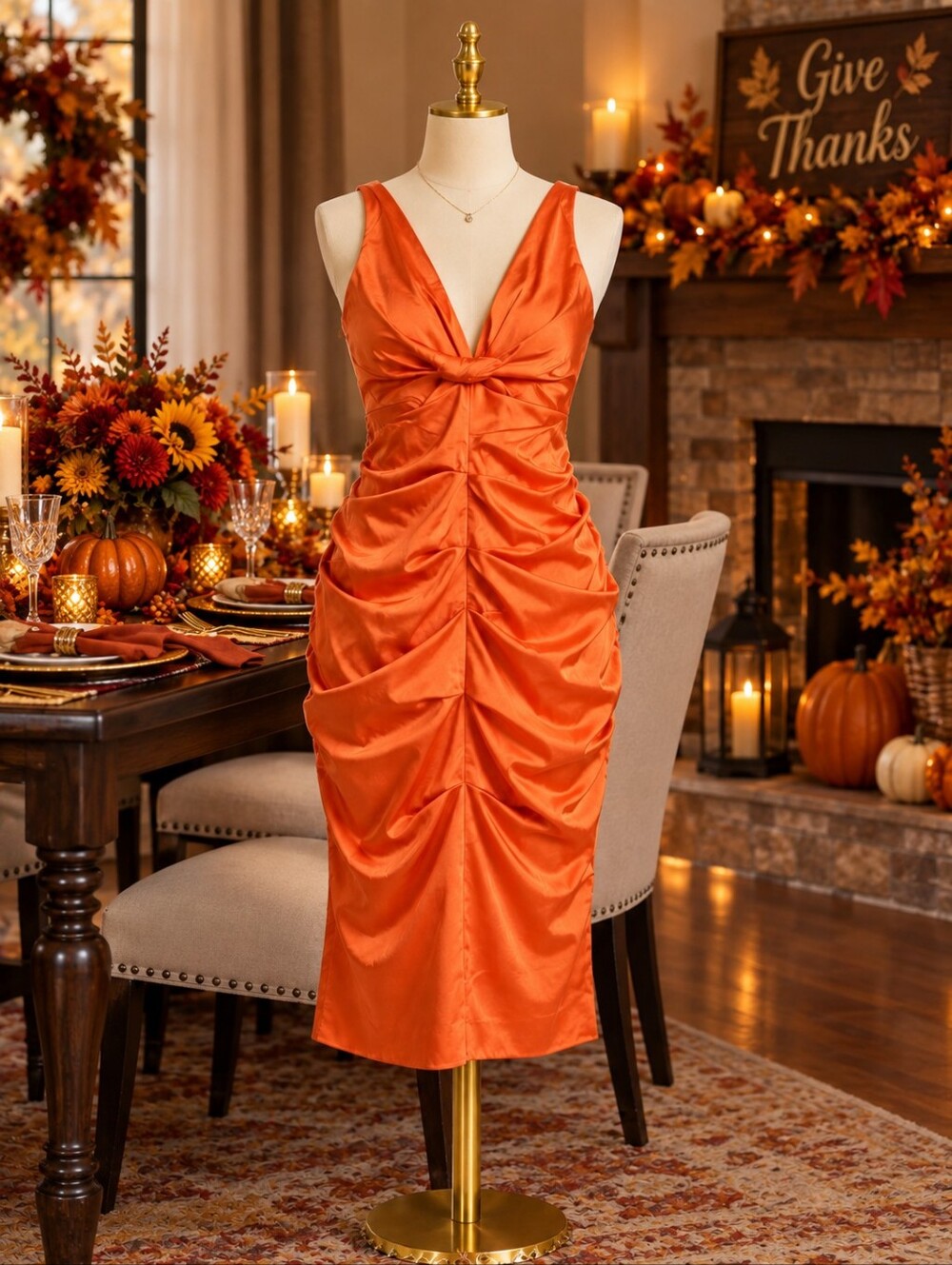 V-Neck Orange Satin Ruched Midi Dress